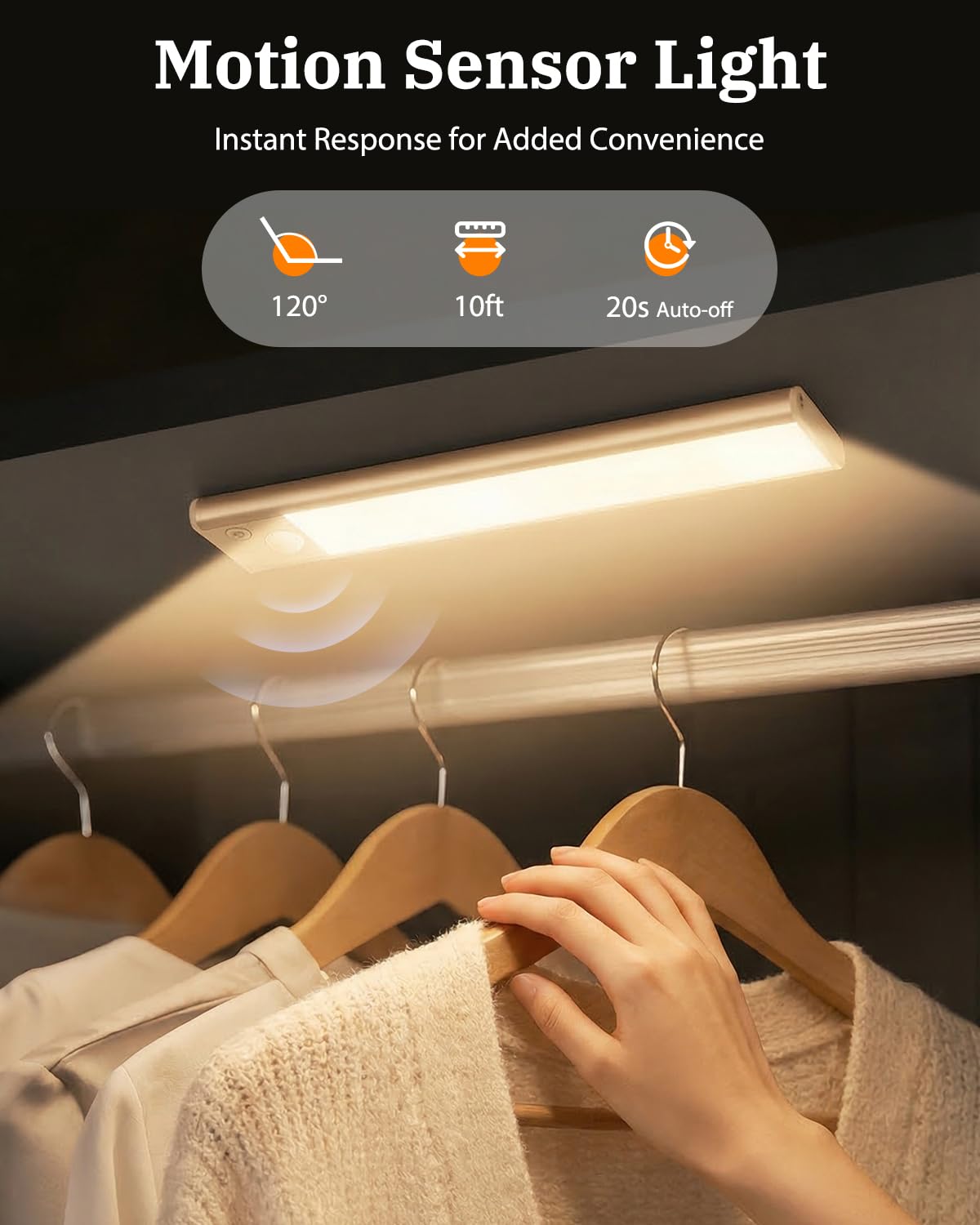 Luces LED de cocina para debajo del gabinete, luces con sensor de movimiento para interiores, luz de armario recargable de 3000 K, 2500 mAh, tira magnética inalámbrica alimentada por USB, luz para