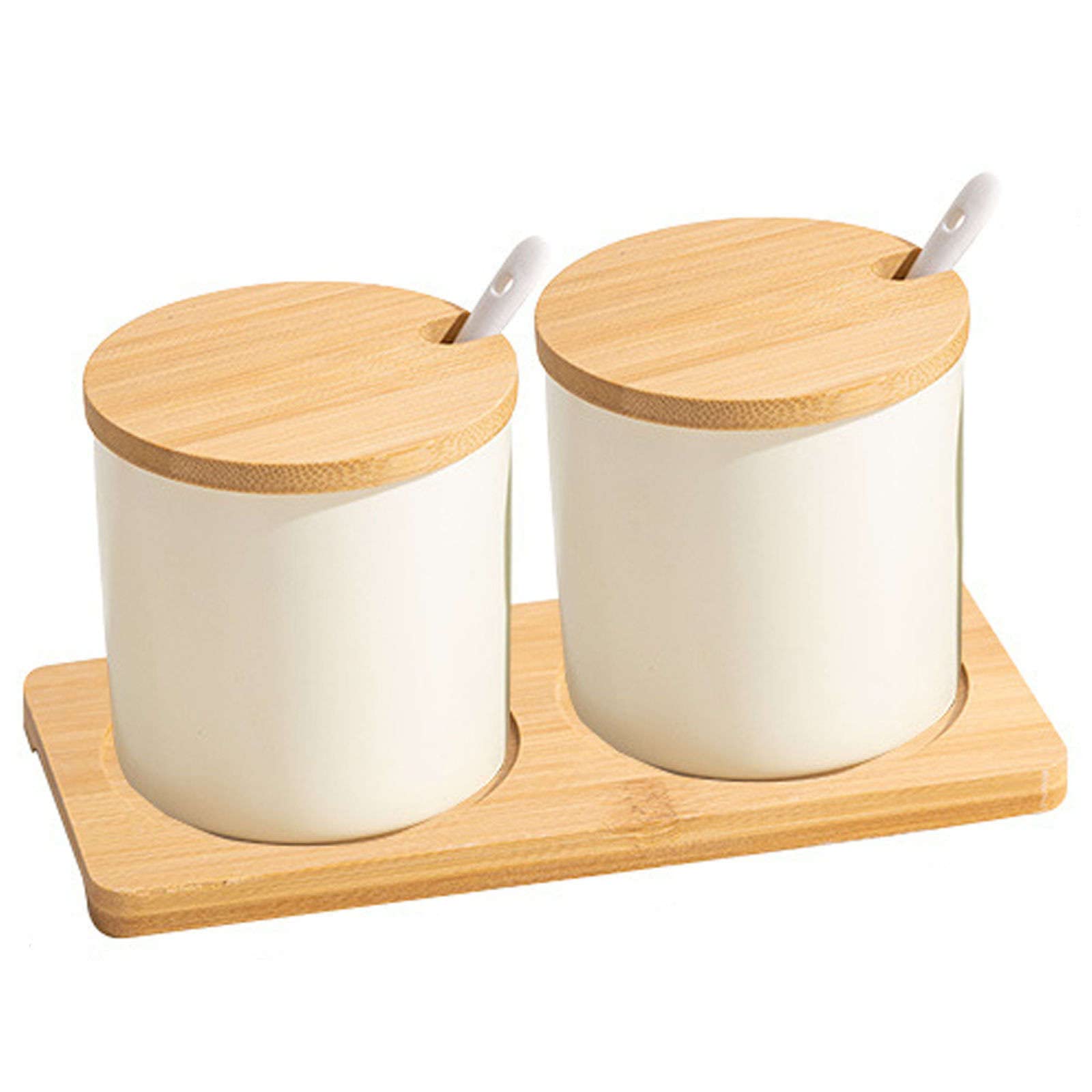 Vorratsdosen aus Glas, nordisches Gewürzglas, Gewürzbehälter mit Löffel und Holzdeckel, einfaches Gewürzdosen-Set für Basis, Porzellan-Gewürz-Organizer, Küche und Esszimmer, Gewürztöpfe, Weiß, 2-eckig