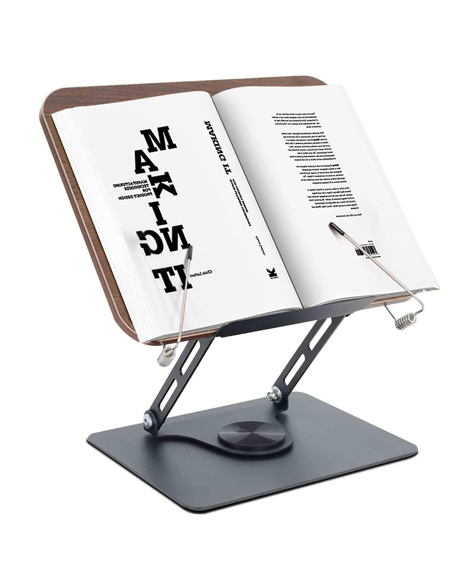Soporte de Libro Para Lectura con Base Giratoria de 360°, Atril Para Libros de Bambú, Atril Para Estudiar Plegable, Atril Estudio con Clips Laterales Elásticos, para Partituras, Ordenador Portátil