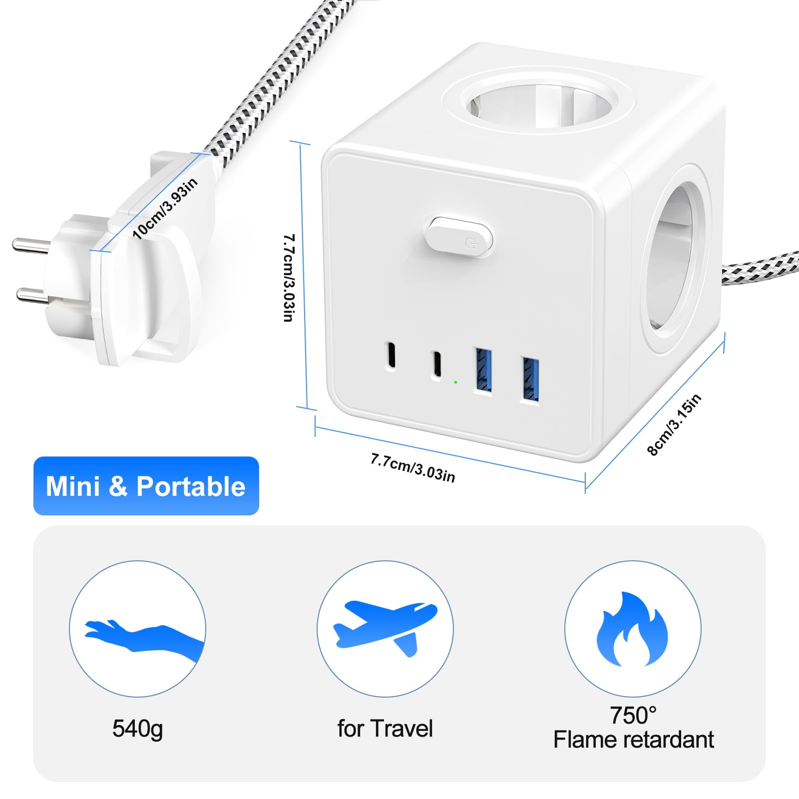 Kostka do gniazdka, z 2 USB A i 2 USB C, 4-krotny adapter z przełącznikiem, 8 w 1 z kablem 3M, do biura, domu, biała