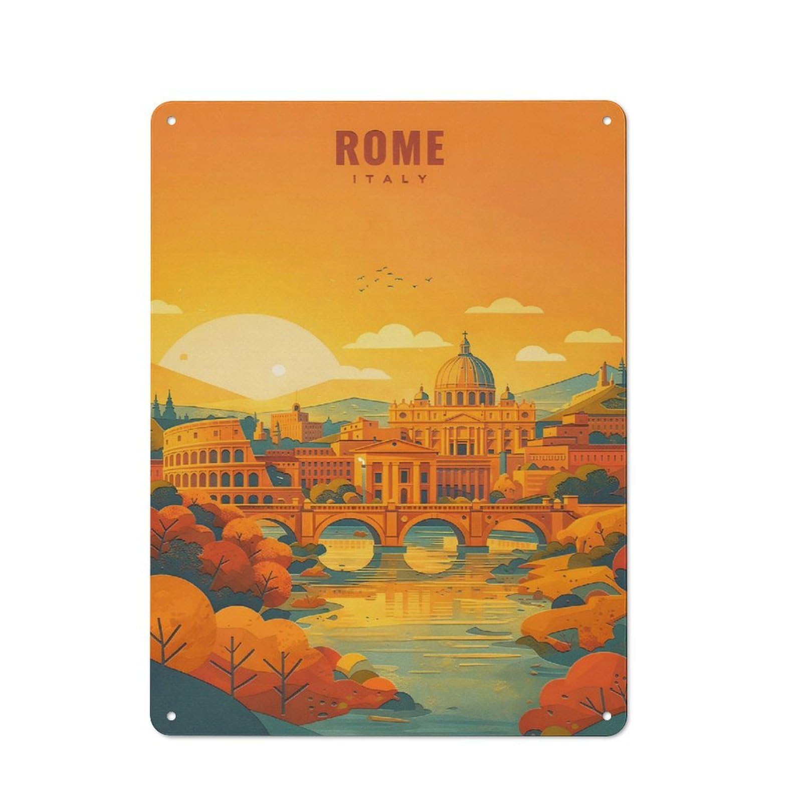 Junmoney Style-11 Tin Wall Plaque 40X30cm With Rome Cityscape With Colosseum And St. Peters Basilica For Dining Room Or Kitchen, A Winter Wall Decor Update For Dining Room Decor Fans