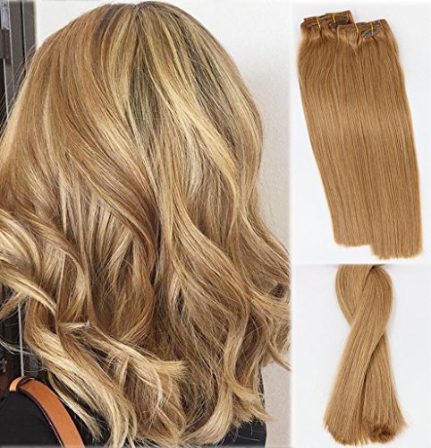 Clip in Hair Extension 15 inch Remy Human Hair Double Weft Color Medium Golden Brown Real Hair Extensions Clip on Silky Straight Full Head 7pcs 70g