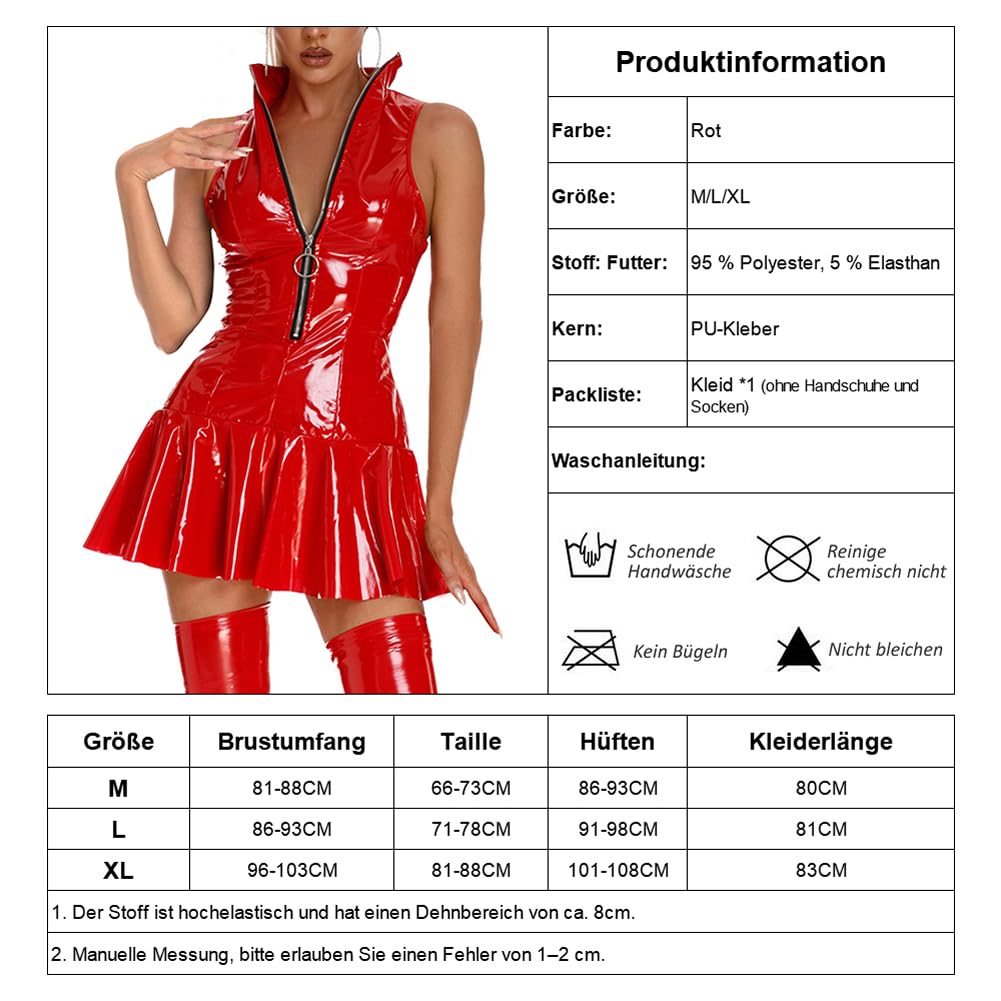 Mini robe plissée pour femme - Effet mouillé - En cuir verni - Sans manches - Avec fermeture éclair à l'avant - Jupe plissée évasée - Coupe ajustée - En cuir verni - Robe de fête sexy - Rouge