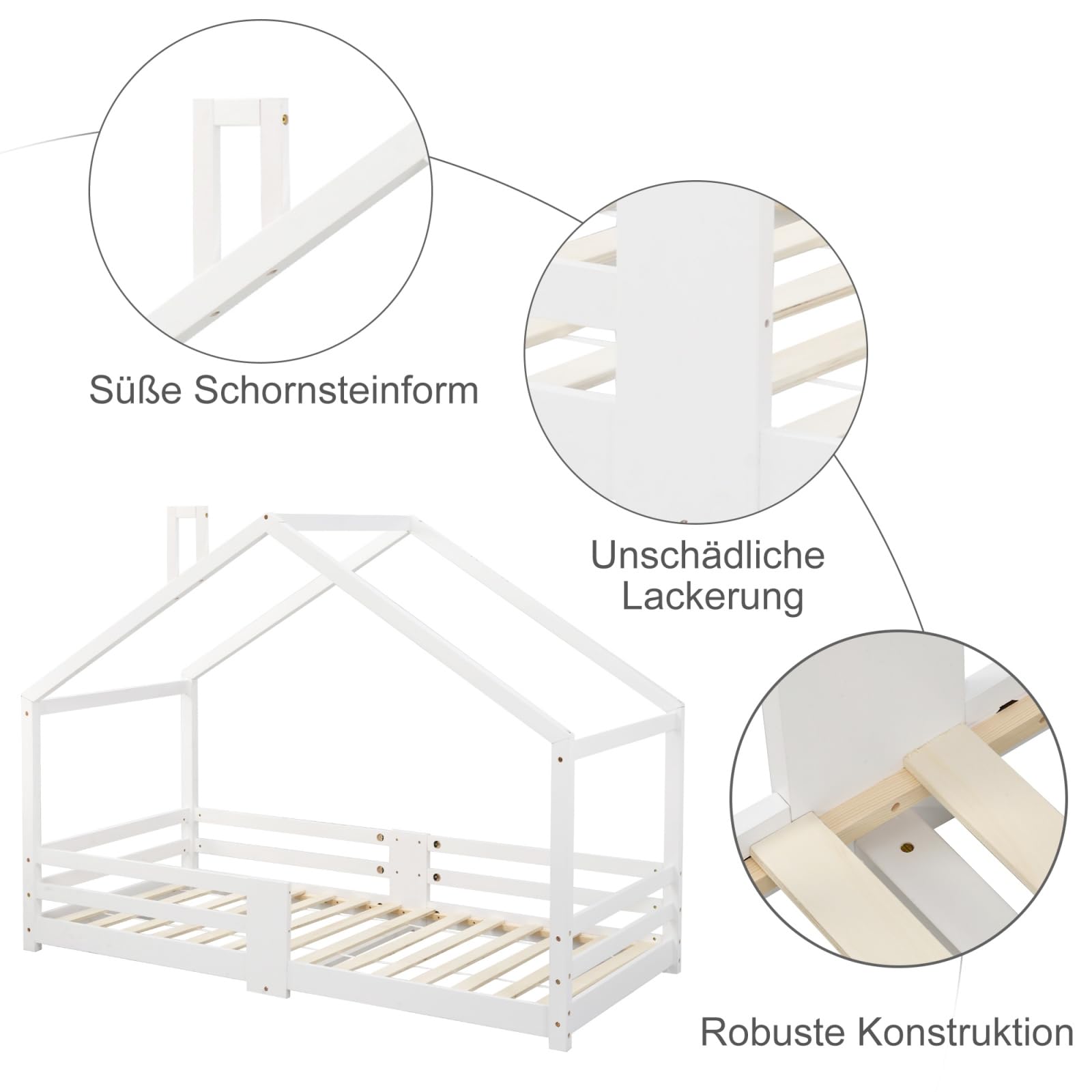 KOMHTOM Kinderbett, Hütte mit Sicherheitszaun, 90 x 200 cm, Bettrahmen mit Lattenrost aus Holz (ohne Matratze) (weiß)