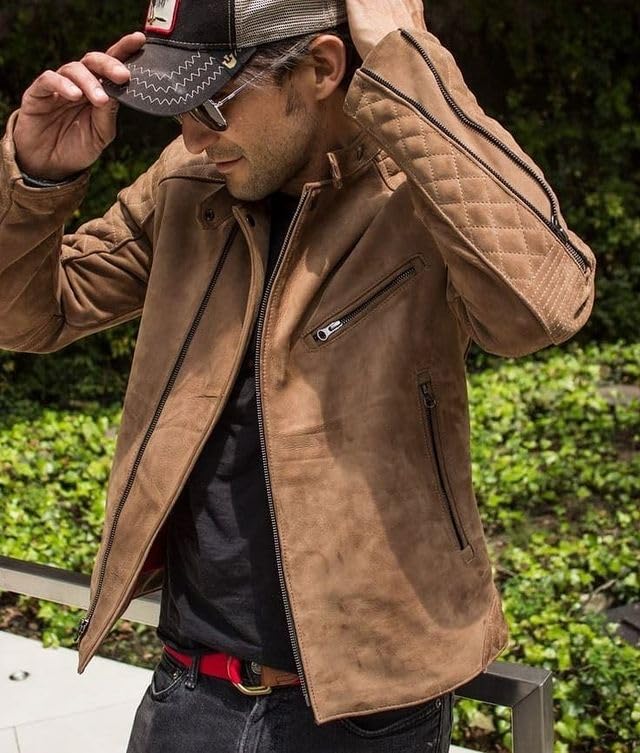 Mens Tan Suede Leather Biker Jacket – Slim Fit Quilted Shoulder Real Lambskin Classic Vintage Style Fashion3