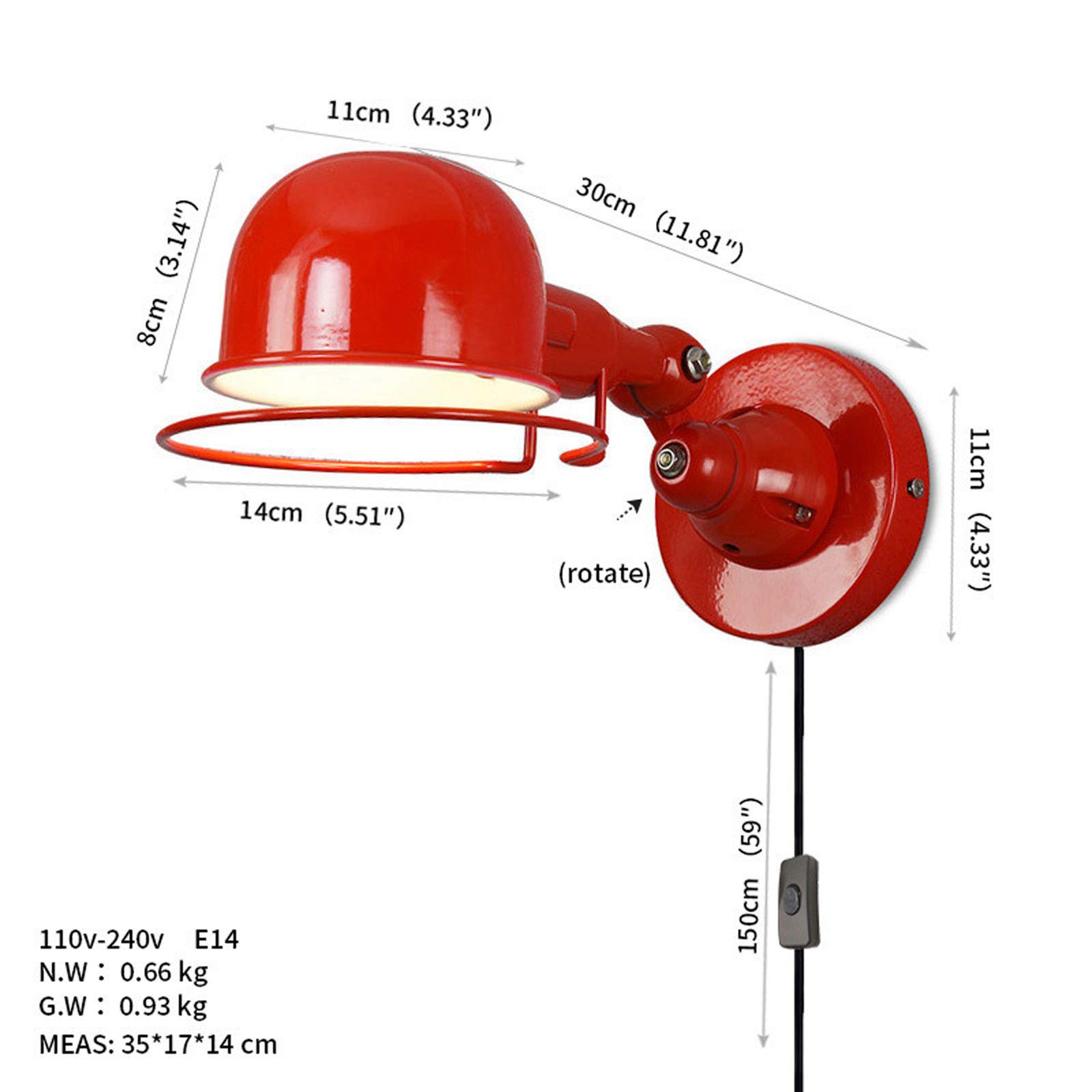 Vintage Wandlampe Schlafzimmer, Innen Metall Wandleuchte Bettleuchte mit Schalter und Kabel 1,5 m, Industrial Verstellbare Leseleuchte Schwenkbar Wandbeleuchtung für Wohnzimmer Küche, E14,Rot