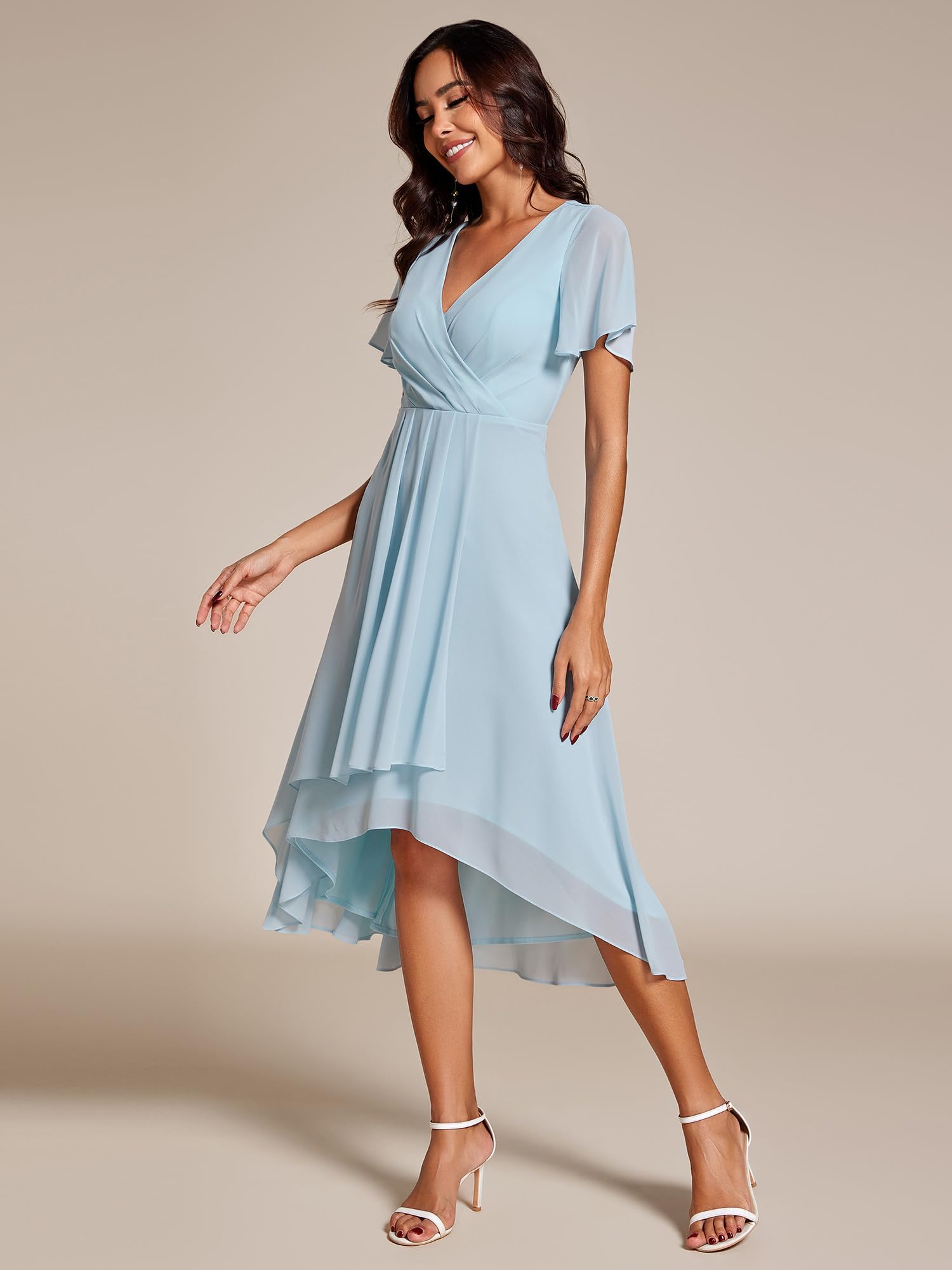 Ever-Pretty Hochzeitsgastkleid V Ausschnitt Rüschenärmel Chiffon Knielanges Abendkleid EG02084-P