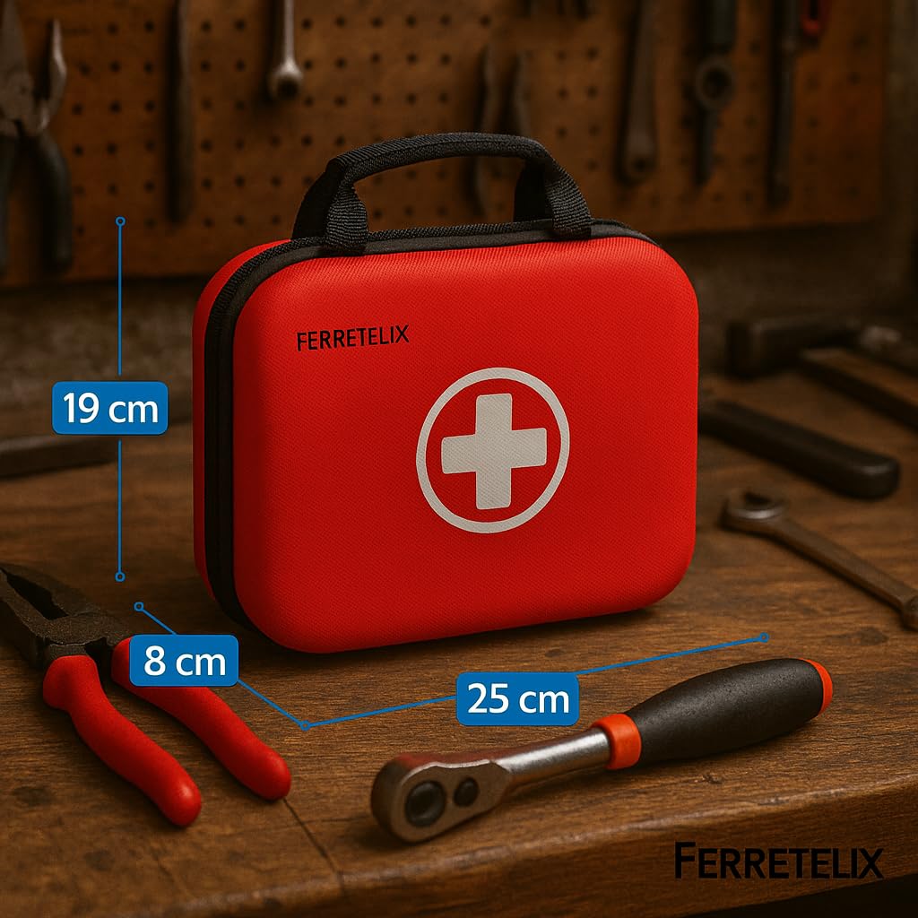 FERRETELIX® Botiquin neceser primeros auxilios con dotacion 25 cm x 20 cm x 8 cm Completo Emergencia, Para Viaje y Acampada, Coche, Supervivencia, Excursión, Montaña, Senderismo, Aventura, Rojo.