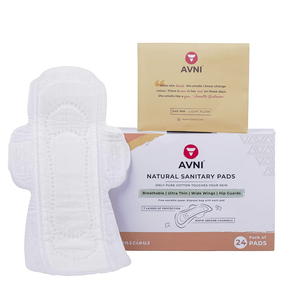 Avni - Natural Cotton Sanitary Pads with Disposal Bags | Pack of 24 | Regular 240 MM | Ultra-Thin Rash Free Pads for Women | Suitable for Normal-Sensitive Skin | Wide Wings & with Hip Guards-image-48