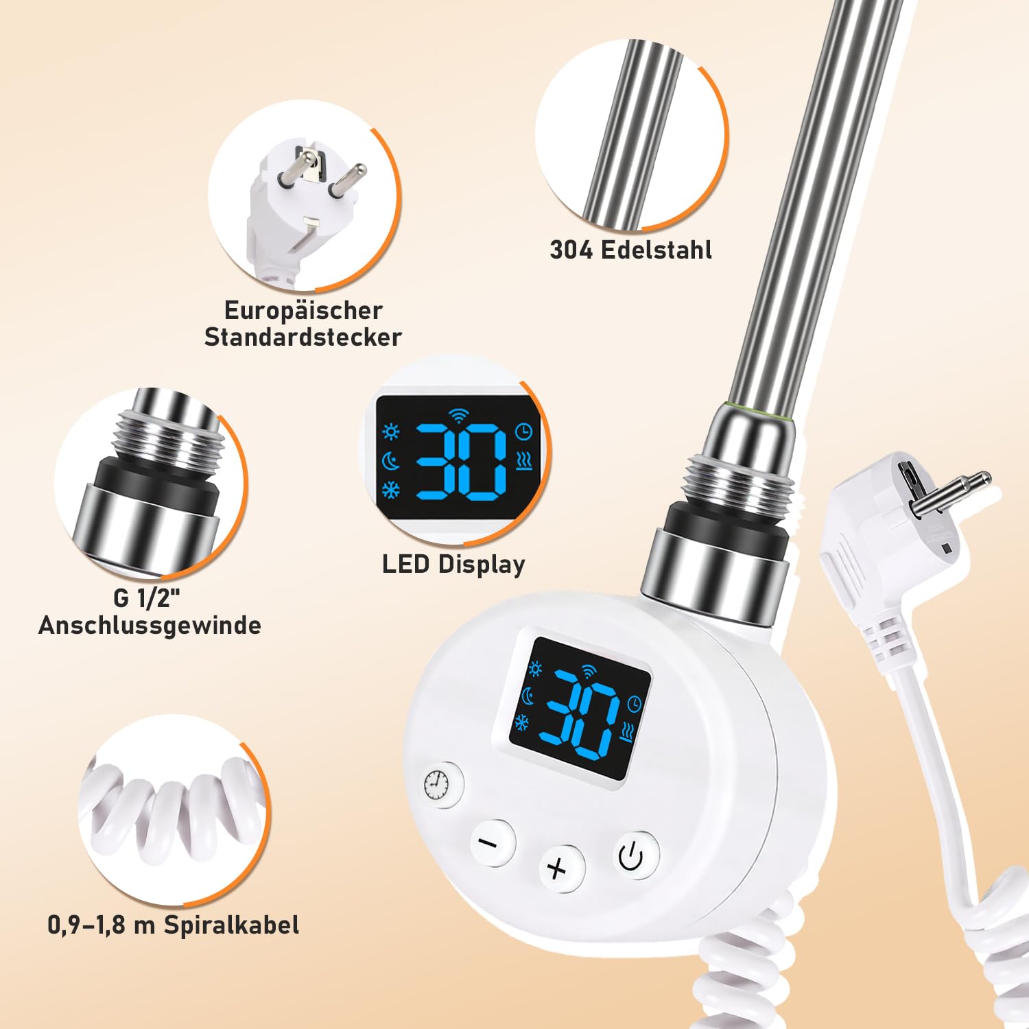 WiFi Heizstab 600W Weiß für Badheizkörper, 4 Heizmodi