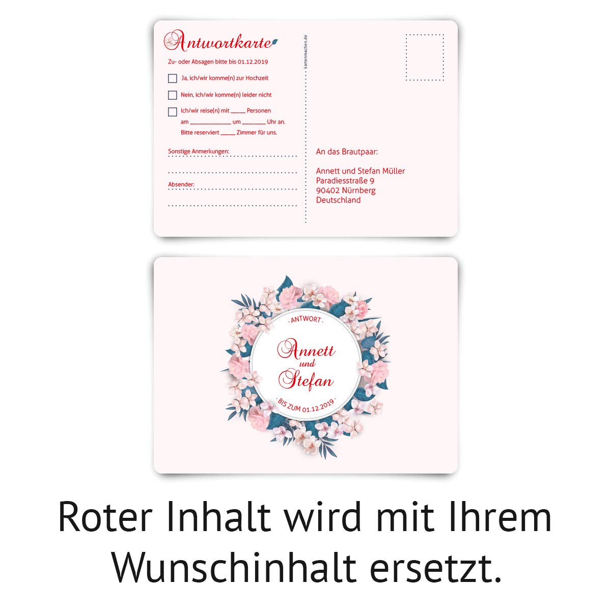 40 x Hochzeit Antwortkarten individueller Text DIN A6 Postkarte - Blumenromantik