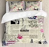 Ambesonne United States Duvet Cover Set, Newspaper New York Sketchy of Liberty and Texts Lipstick Vintage, Decorative 3 Piece Bedding Set with 2 Pillow Shams, King Size, Beige