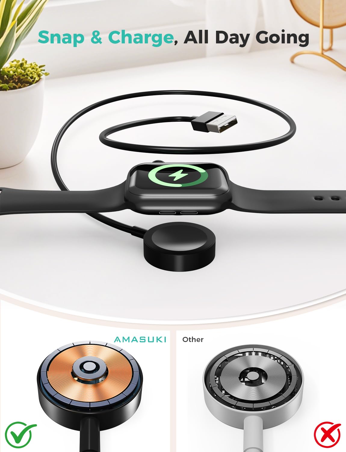 Câble de charge rapide USB magnétique pour iWatch compatible avec Watch Ultra2 Ultra/Series 10/9/8/7/6/SE/5/4/3/2/1-noir/1 m