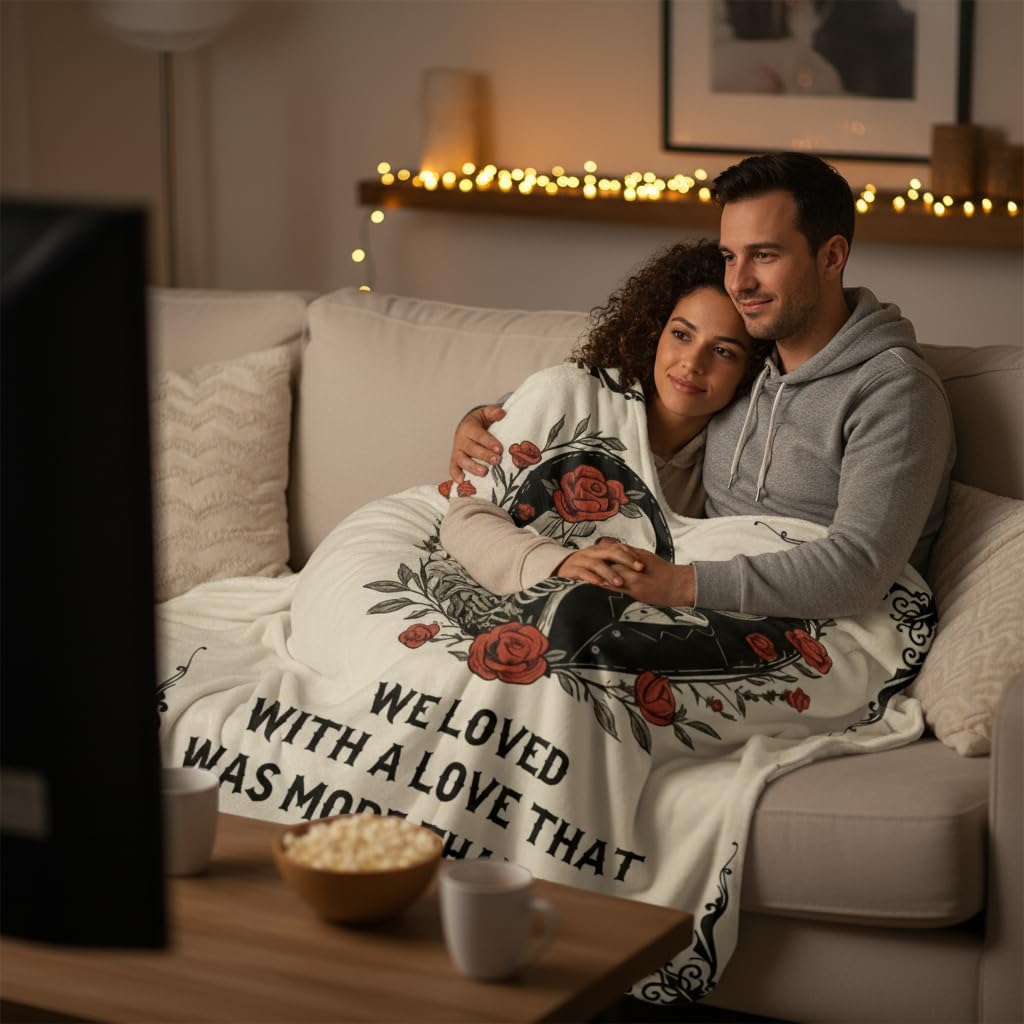 “Edgar Allan Poe” Romantic Gothic Blanket for Couples - Skull Lovers Flannel Throw 60x50, Dark & Poetic Valentine‘s for Wife Husband, Unique Gift for Book Lovers - Image 2