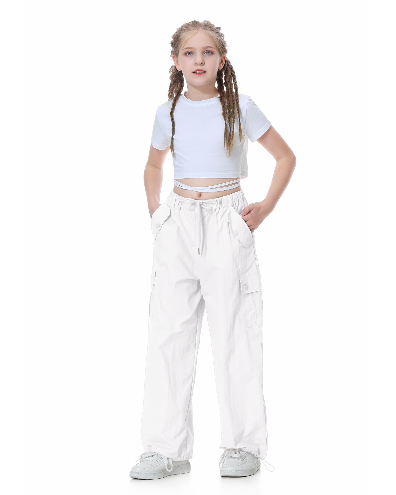 Rolanko Pantalon Cargo Parachute Baggy pour Filles, Pantalon de Jogging Vintage Y2K avec Taille Élastique Ajustable pour Enfants