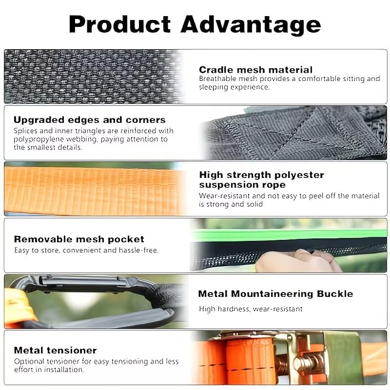 XIYU Dreieck Hängematte,Camping Hängematte für 2-3 Personen, Tragbare Outdoor Hängematte für Erwachsene mit 3 Gurten und Mesh-Taschen,Belastbar bis 400 lbs,für Garten,Camping,Reisen, 2,8 x 2,8 x 2,8 m