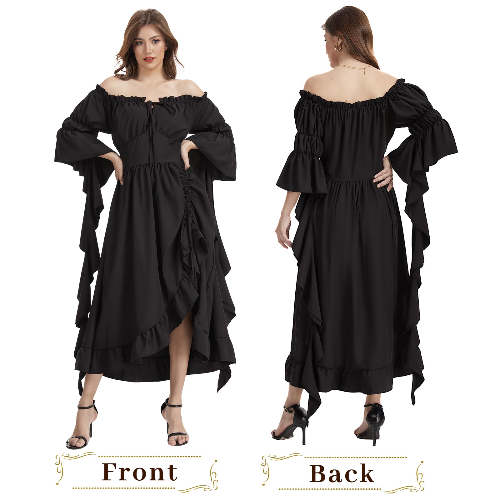 rumnigh Victorian Womens' Gothic Dress Renaissance Retro Maxi Dress Perfect for Halloween Carnivals and Parties (Black, L) - Image 2