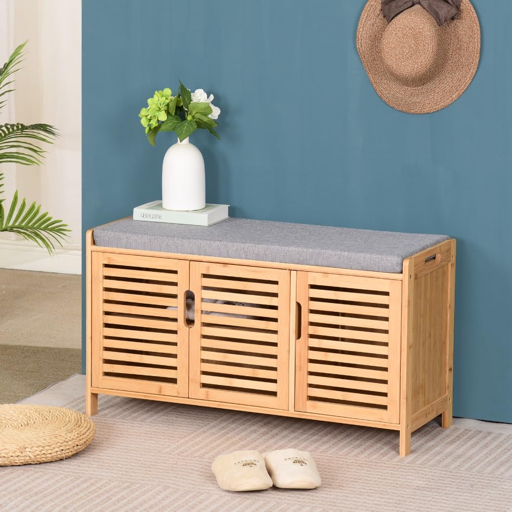 Scarpiera in bambù con panca da seduta, scarpiera con 3 scomparti, cuscino, mobiletto per scarpe, per ingresso, corridoio, 50 x 90 x 35 cm (Grigio)