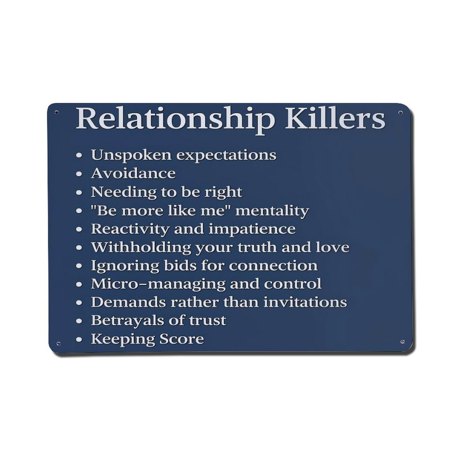Relationship Killers List Unspoken Expectations Avoidance Need To Be Right Retro Metal Tin Sign, Vintage Decor Art Poster for Bar, Home, Man Cave, Kitchen, Laundry Room Gift 8x12Inch