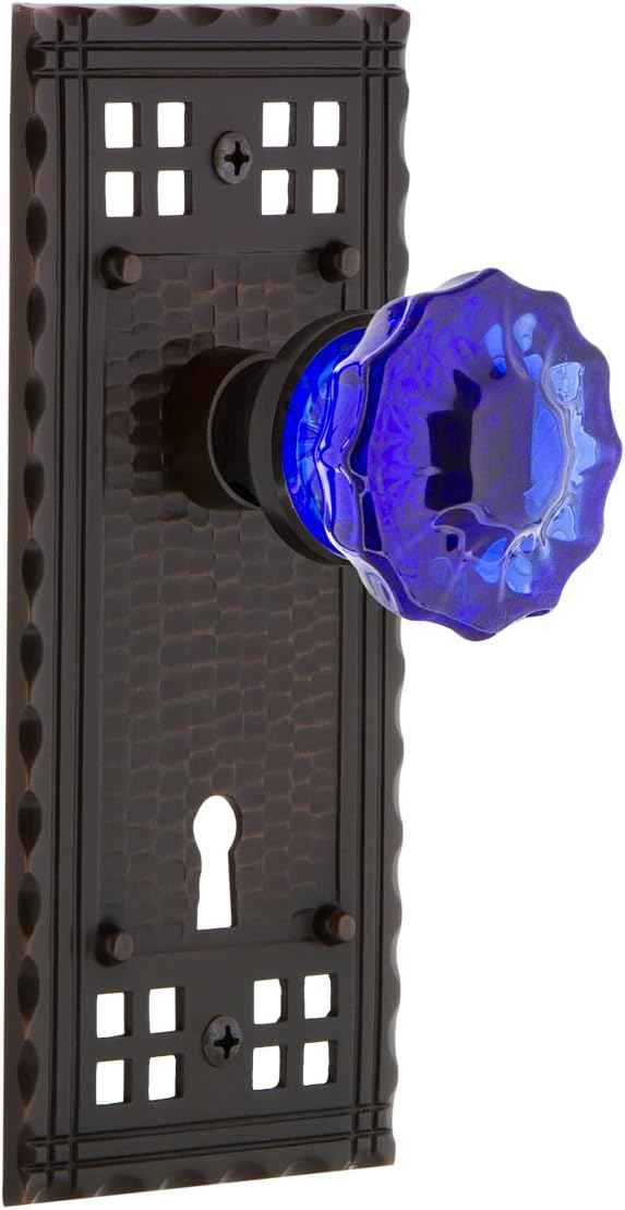 Nostalgic Warehouse 722713 Craftsman Plate with Keyhole Single Dummy Crystal Cobalt Glass Door Knob in Antique Pewter