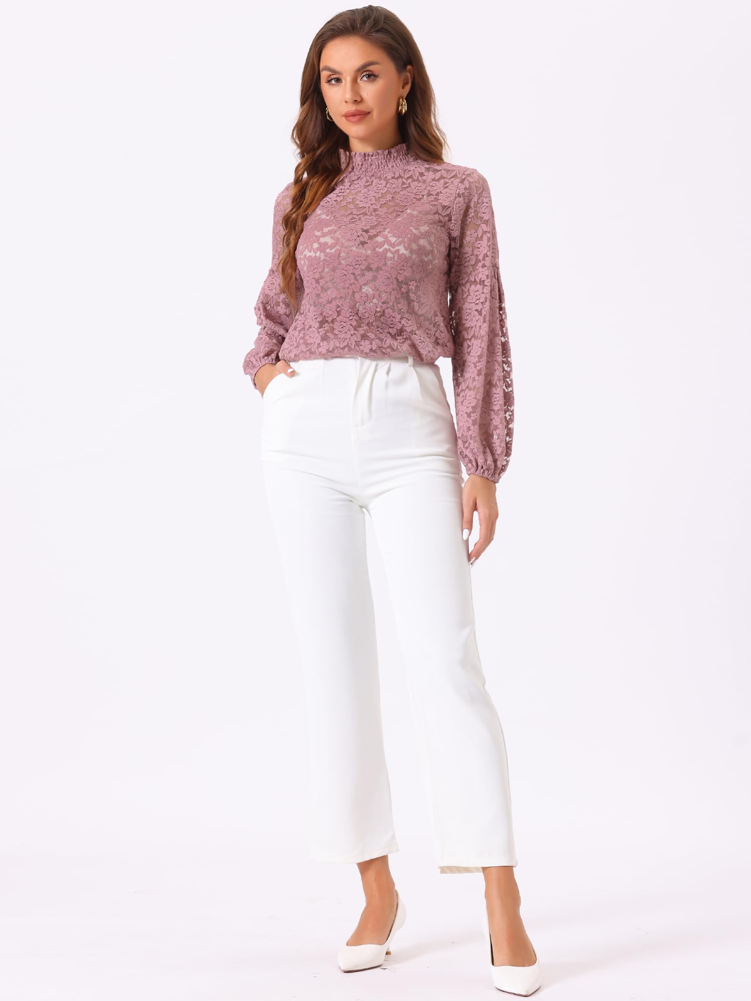 Allegra K Damen Spitze Spitzenbluse Langarm Stehkragen Rüschen Blumen Top Bluse