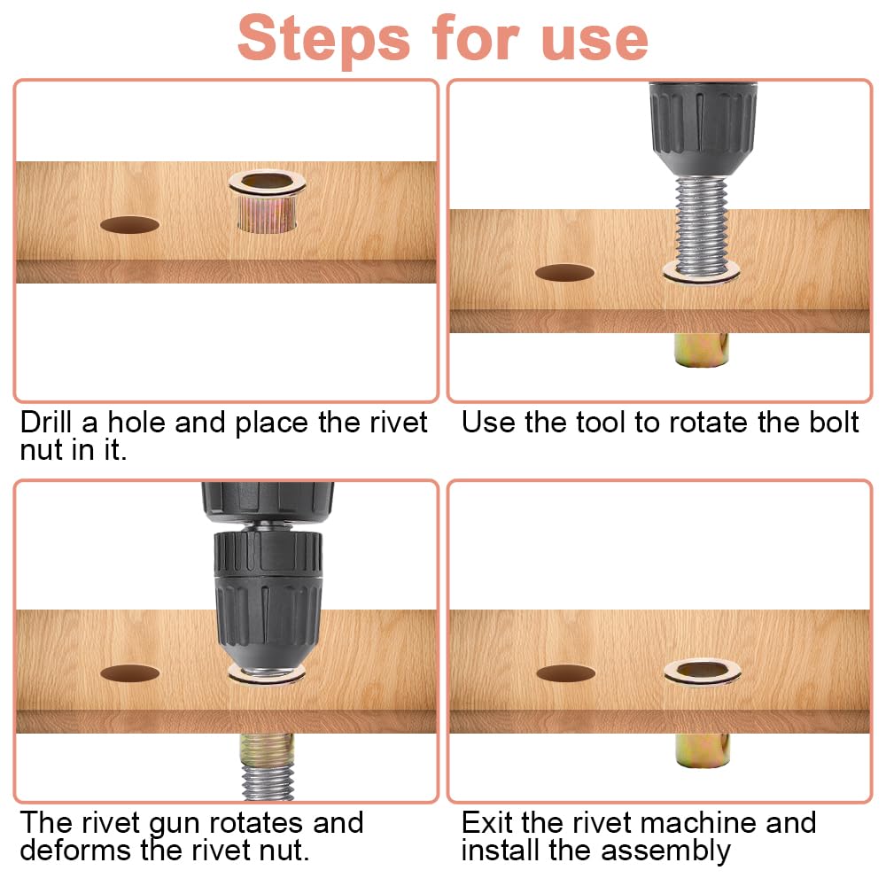 Inserti Filettati Per Legno 100 Dadi Rivetto M6 In Acciaio Al Carbonio - Testa Piatta, Filettatura Metrica, Per Pistola Rivettatrice Rivetti Filettati M6