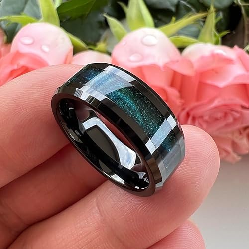 Miniatura 2 de Anillos de tungsteno negros de 8 mm para hombres y mujeres, con incrustaciones de arena fluida, anillo de compromiso, de boda, con bordes biselados,