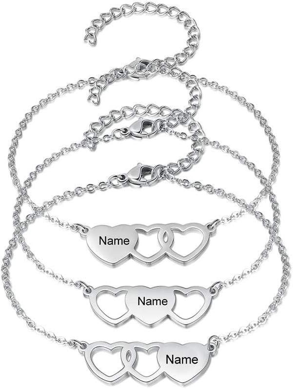 3PCS Personalized Name Heart Bracelet Best Friend Bracelet for 3 Sister Bracelet Link Chain Gift Custom Mother Daughter Bracelets Engraved Love Bracelets for Women