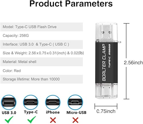 Miniatura 3 de BorlterClamp - Memoria USB C OTG de 256 GB, USB 3.0 tipo C OTG para teléfonos inteligentes Android, Samsung Galaxy S10S9S8Note 9, LG, Google Pixel,