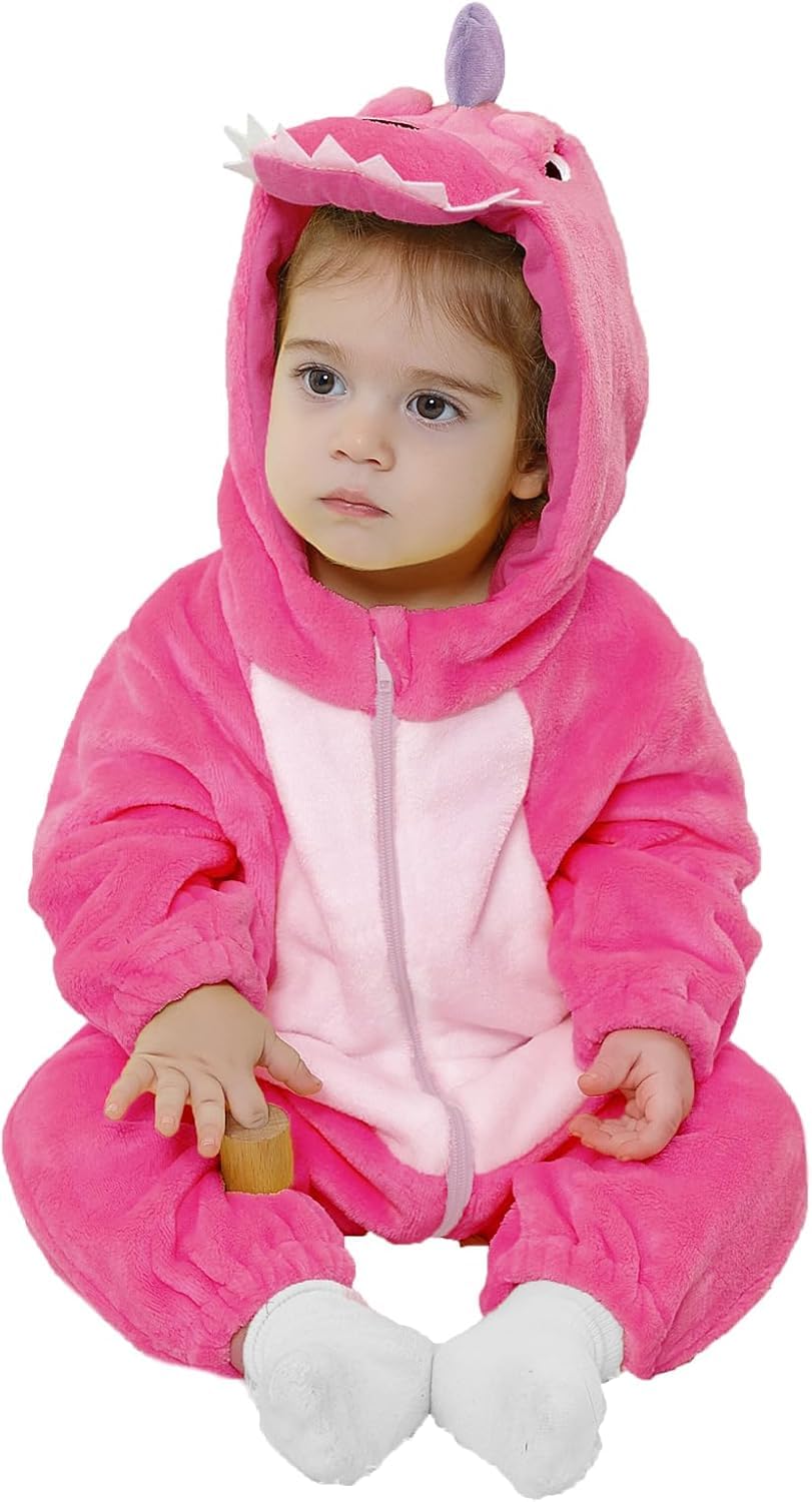 LOLANTA Costume da Dinosauro per Bambino Unisex, Costume da Animale con Cappuccio per Bambino, Tuta Sindacale in Flanella, Rosa, 4-5 anni
