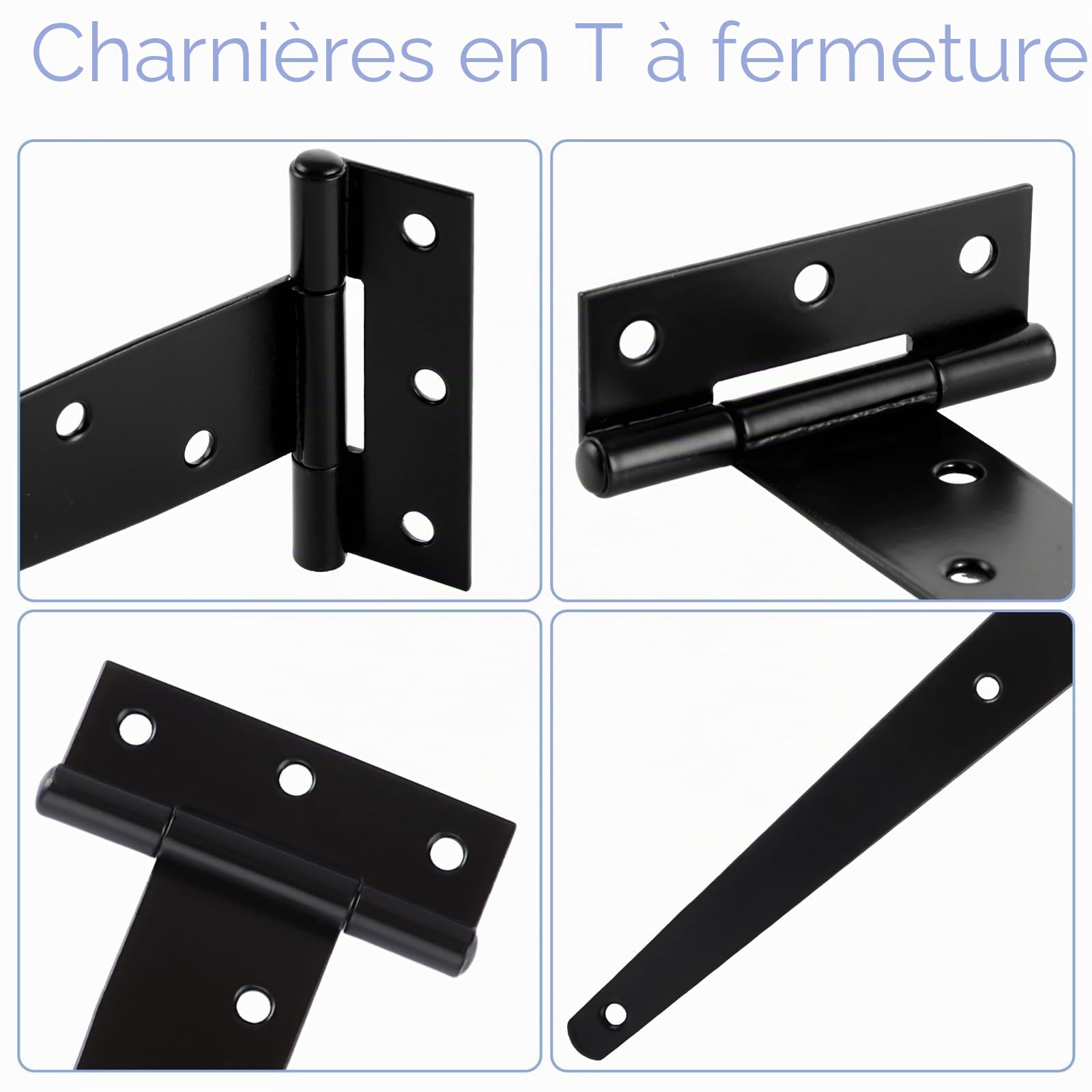 8pcs 25cm Charnières de Porte en T, Charniere Porte Lourde en Métal Galvanisé, Charnières en T Noir 10 Pouces avec Vis pour Portes de Hangar, Portes de Jardin, Fenêtres