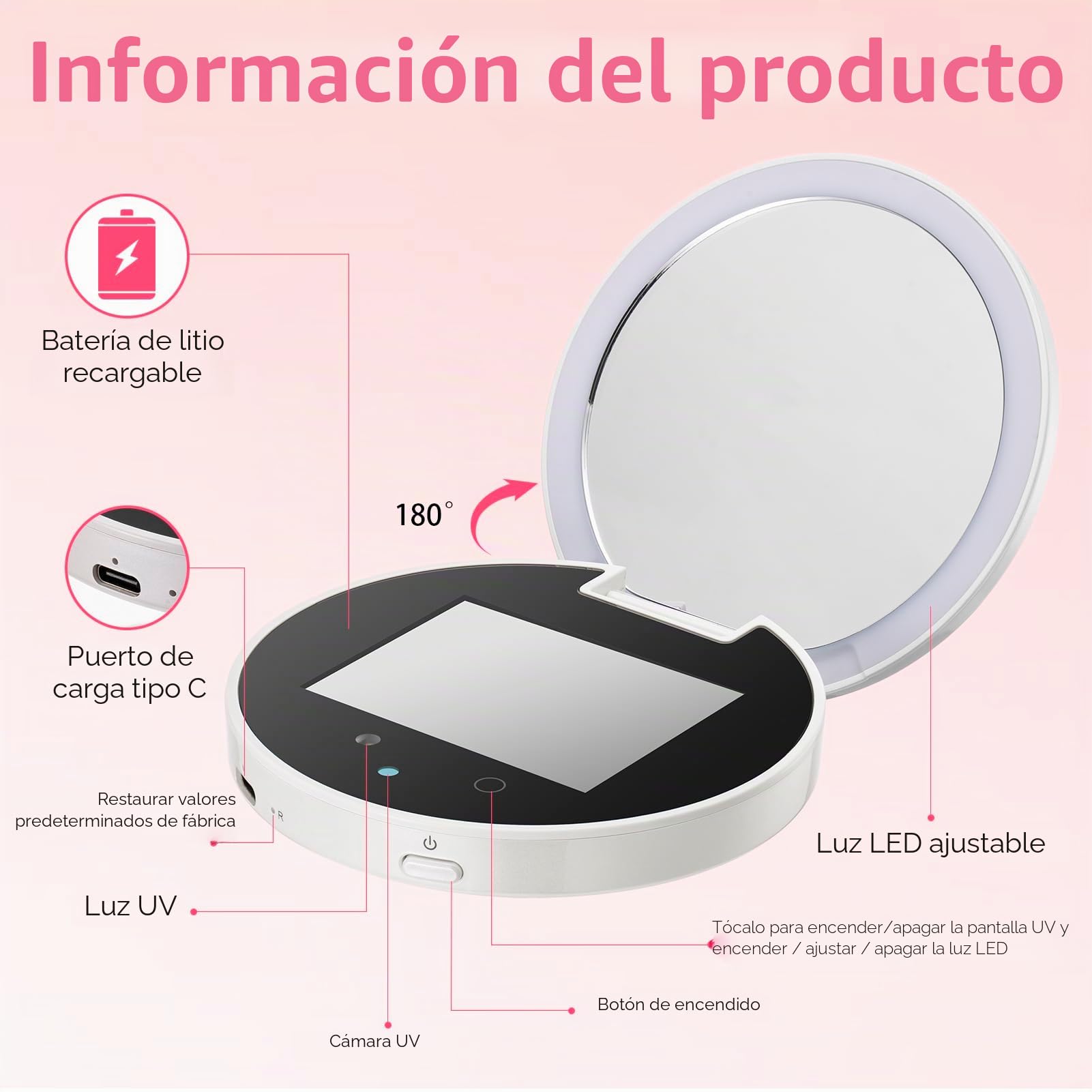 Vanexiss Cámara UV para prueba de protector solar, espejo UV, cámara de protección solar, recargable de 3.8 pulgadas, espejo de tocador de aumento 2X con luz, espejo de bolsillo de doble cara para