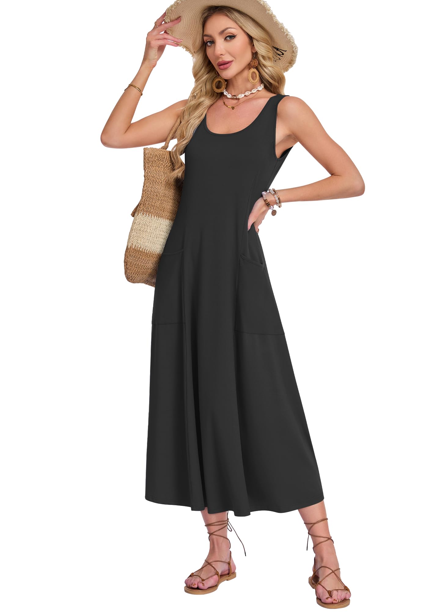 AUSELILY Vestido de Verano Mujer sin Mangas Corte en A Largo Maxi Informal con Cuello en U Holgado Ideal para la Playa y Vacaciones con Bolsillo