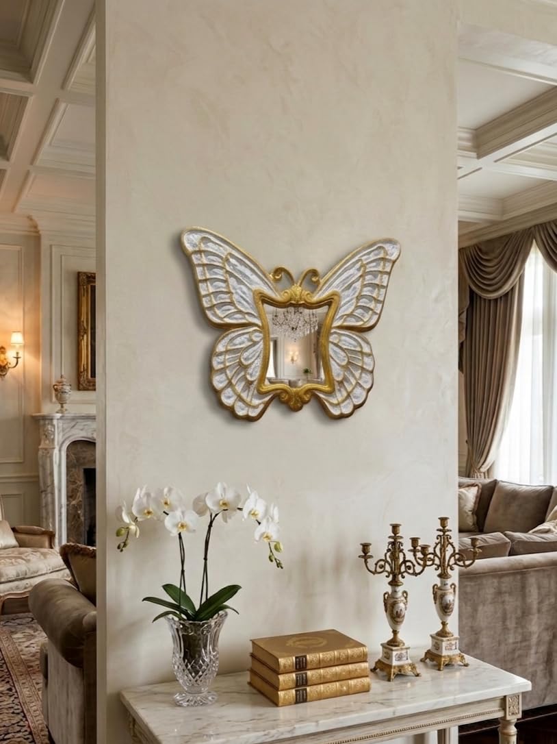 Butterfly Shaped Wall Hanging Mirror, Handcrafted HDhmr Wood Carved, Antique White and Gold Finish, Home Décor, with Mirror (12×14 inches)-image-17