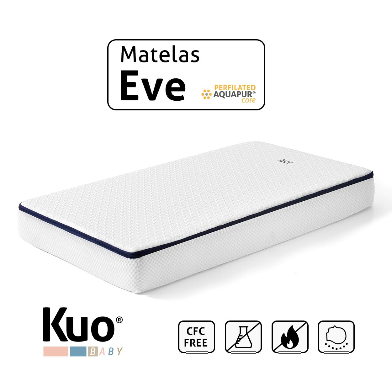 Kuo Baby - Matelas Bébé Eve | Matelas Berceau avec Âme HR Profilée | Soutien Ergonomique | Housse Lavable | Mousse Aquapur Respirante | Certifié Oeko-Tex Standard 100 | 115 x 55 cm