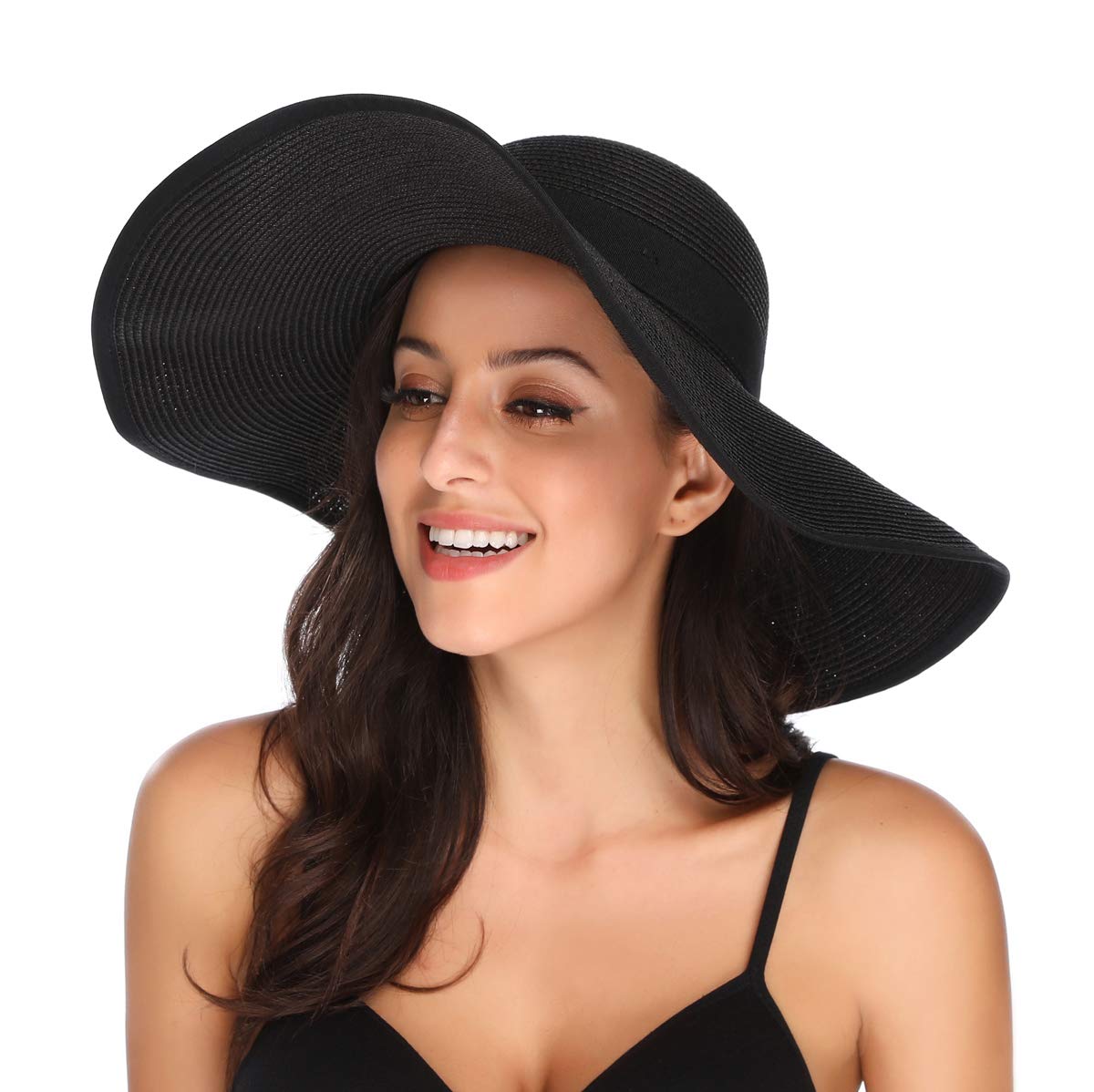 Lanzom Womens Sun Straw Hat Wide Brim Summer Hat Foldable Roll up Large Floppy Beach Hats, Style C-black, One Size - Image 2