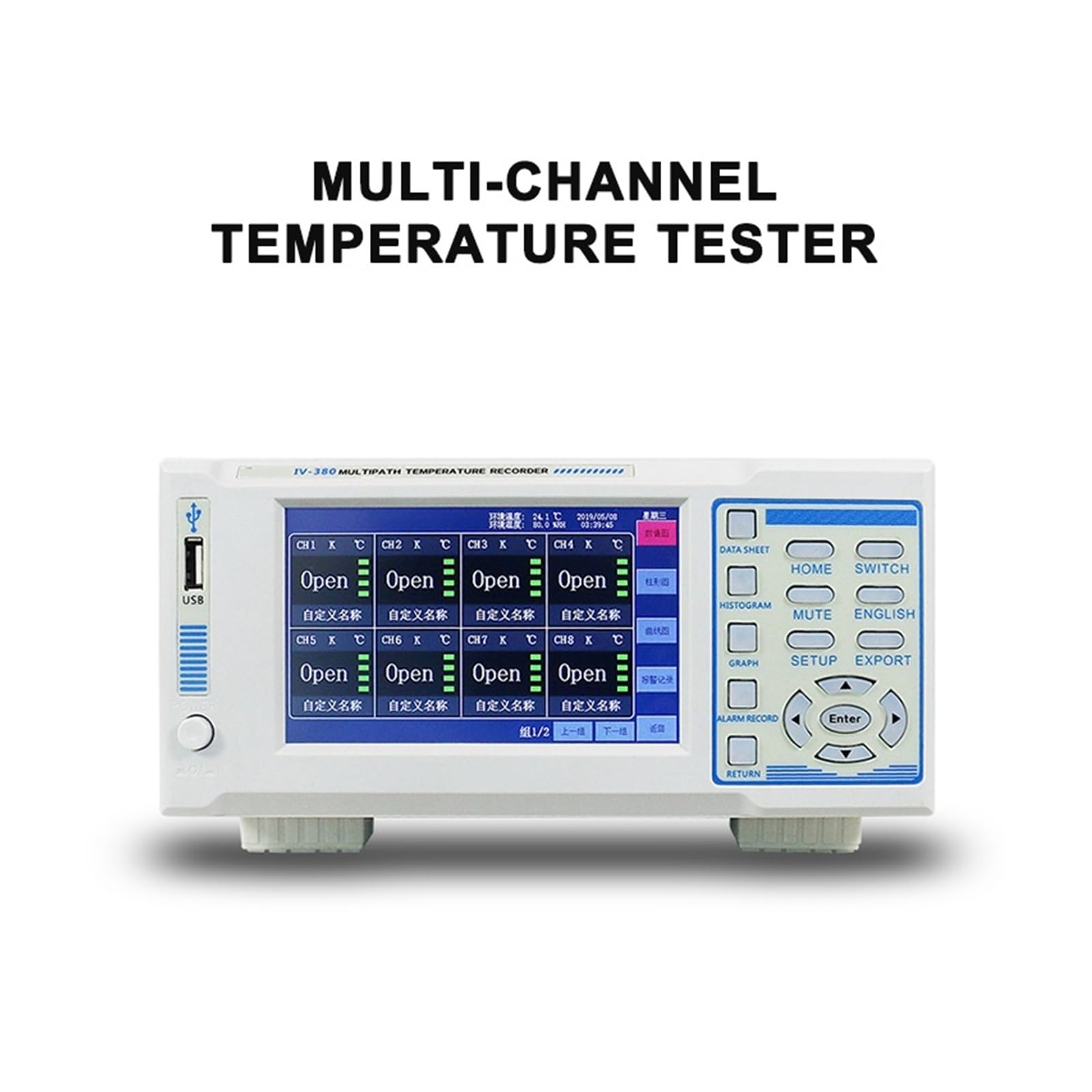 Miernik pojemności akumulatora Kolorowy ekran dotykowy Wielokanałowy przemysłowy cyfrowy termoparowy rejestrator temperatury Tester Rejestrator danych 8-32 Road(IV380-8-way)