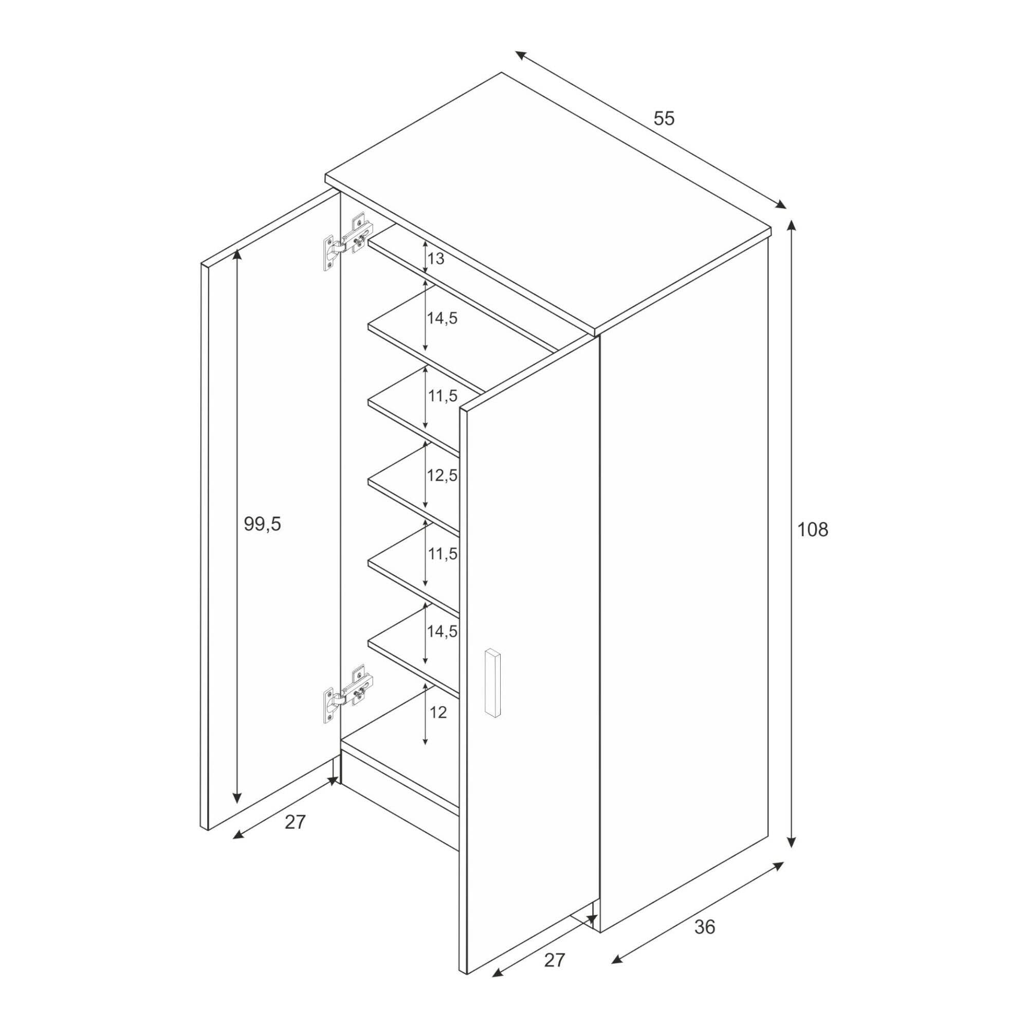 Dmora - Armadio scarpiera 2 Ante + 7 Scomparti Legno Rovere cm. 108 x 55 x 36, UNICO
