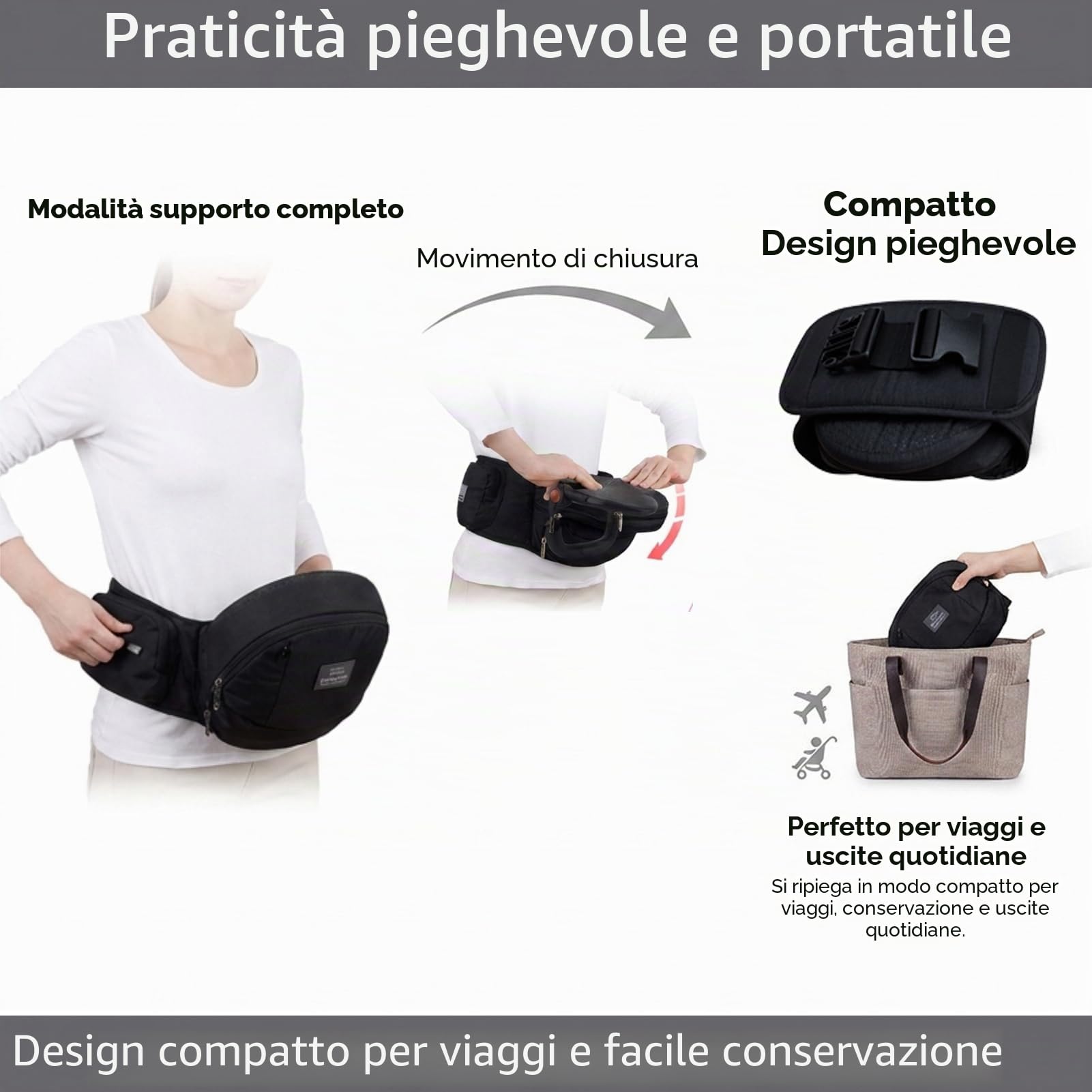 Bebamour Marsupio per neonato Hip Seat 0-36 mesi, leggero, 3 in 1, da neonato a bambino, HipSeat (nero)