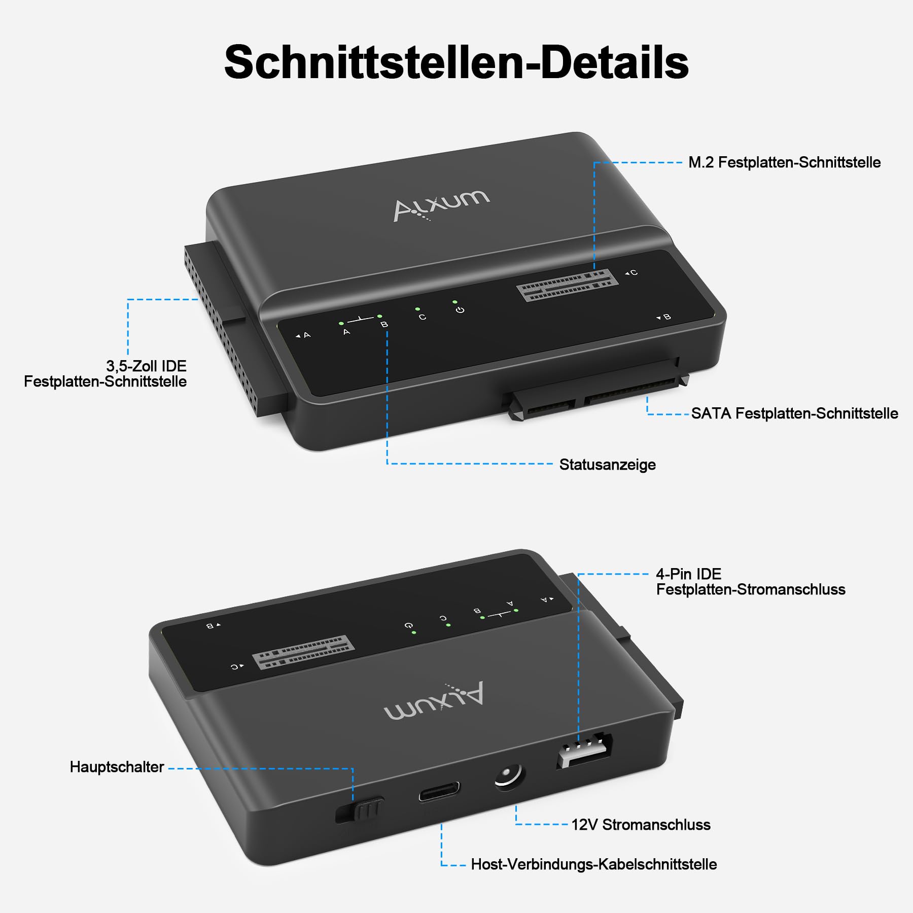 Alxum IDE SATA USB Adapter, USB 3.0 Festplatten Adapter mit Netzschalter für 2.5/3.5 Zoll SATA HDD & SSD M Key Festplatten Dockingstation, mit 12V/2A Netzteil und USB C Kabel