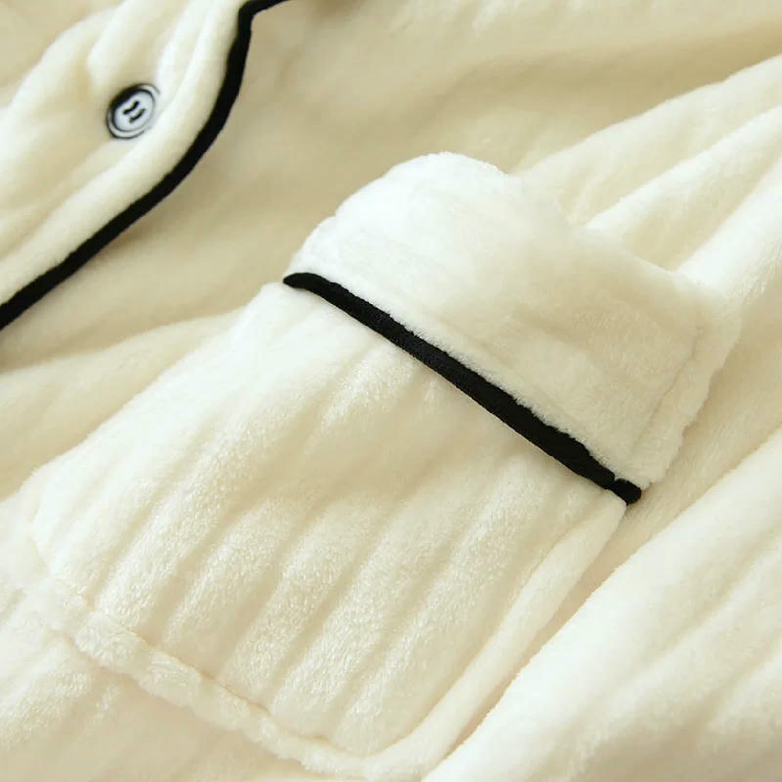 Pigiama Caldo Pile di Corallo Autunno Inverno Donna Flanella Ispessimento Coppia A Maniche Lunghe Risvolto Servizio Domicilio Completo da Notte Uomo-Donne Bianche-l