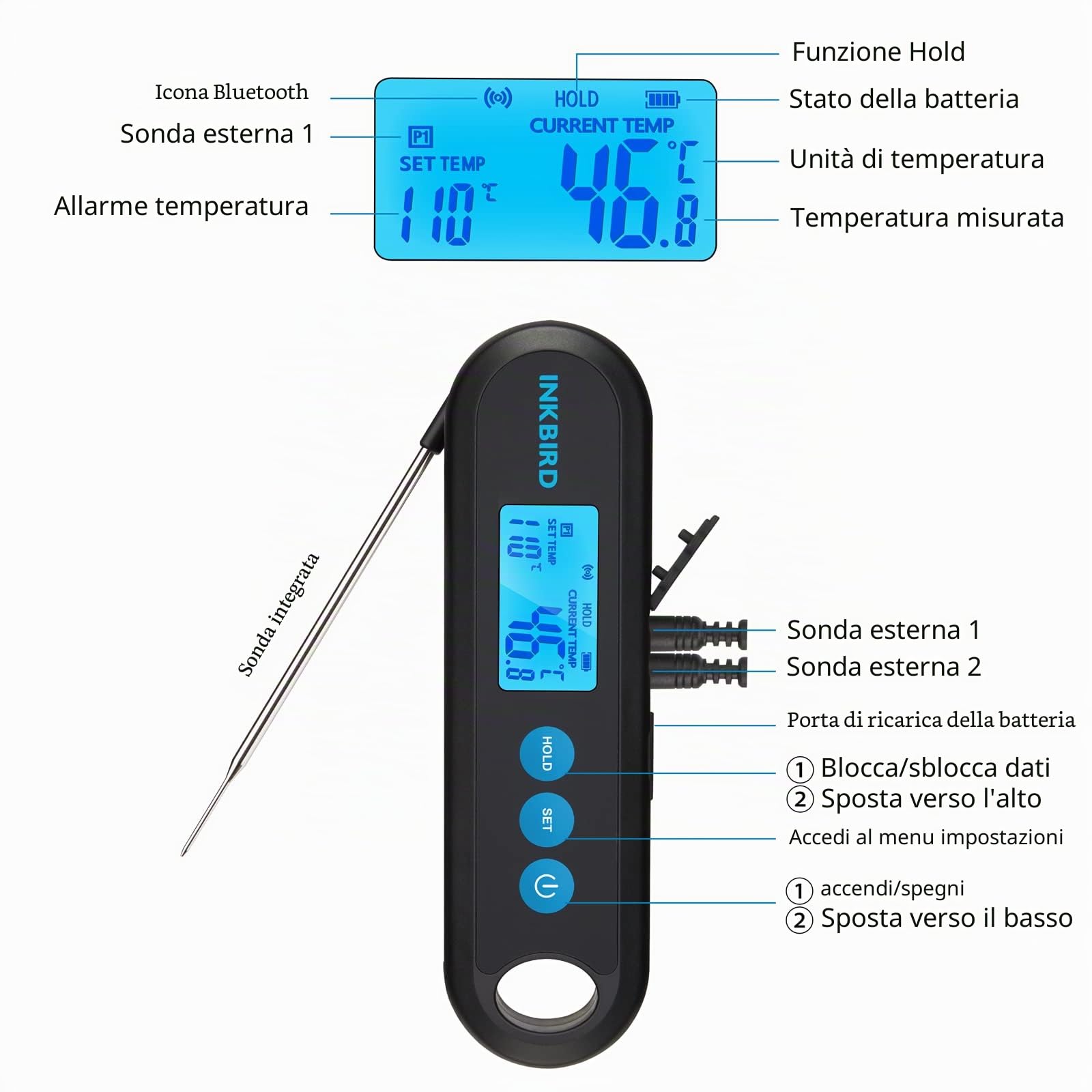 INKBIRD Termometro Cucina Digitale Bluetooth Barbecue con 2 Sonde Acciaio Inossidabile IHT-2PB