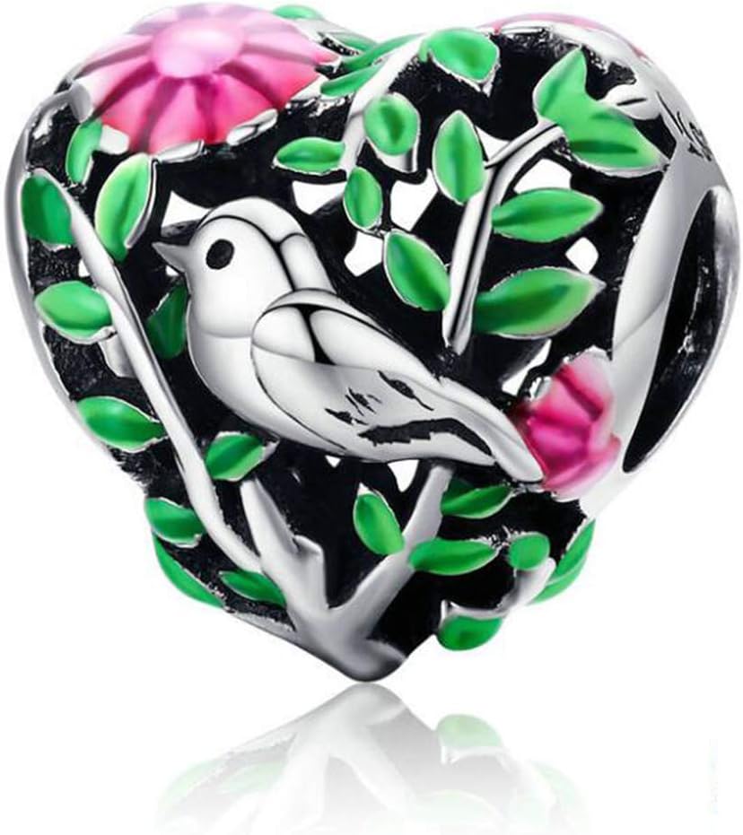 Lin Zhong Bird Charms Sterling Silver Fashion Jewelry Pink Flower Animal Charms for Pandora Bracelets (Bird Bead Charm)