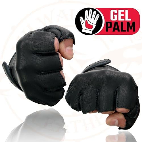 Miniatura 7 de Milwaukee Leather MG7585 - Guantes de mano para motocicleta sin dedos acolchados de gel de cuero negro con cubierta de panel completo para hombre