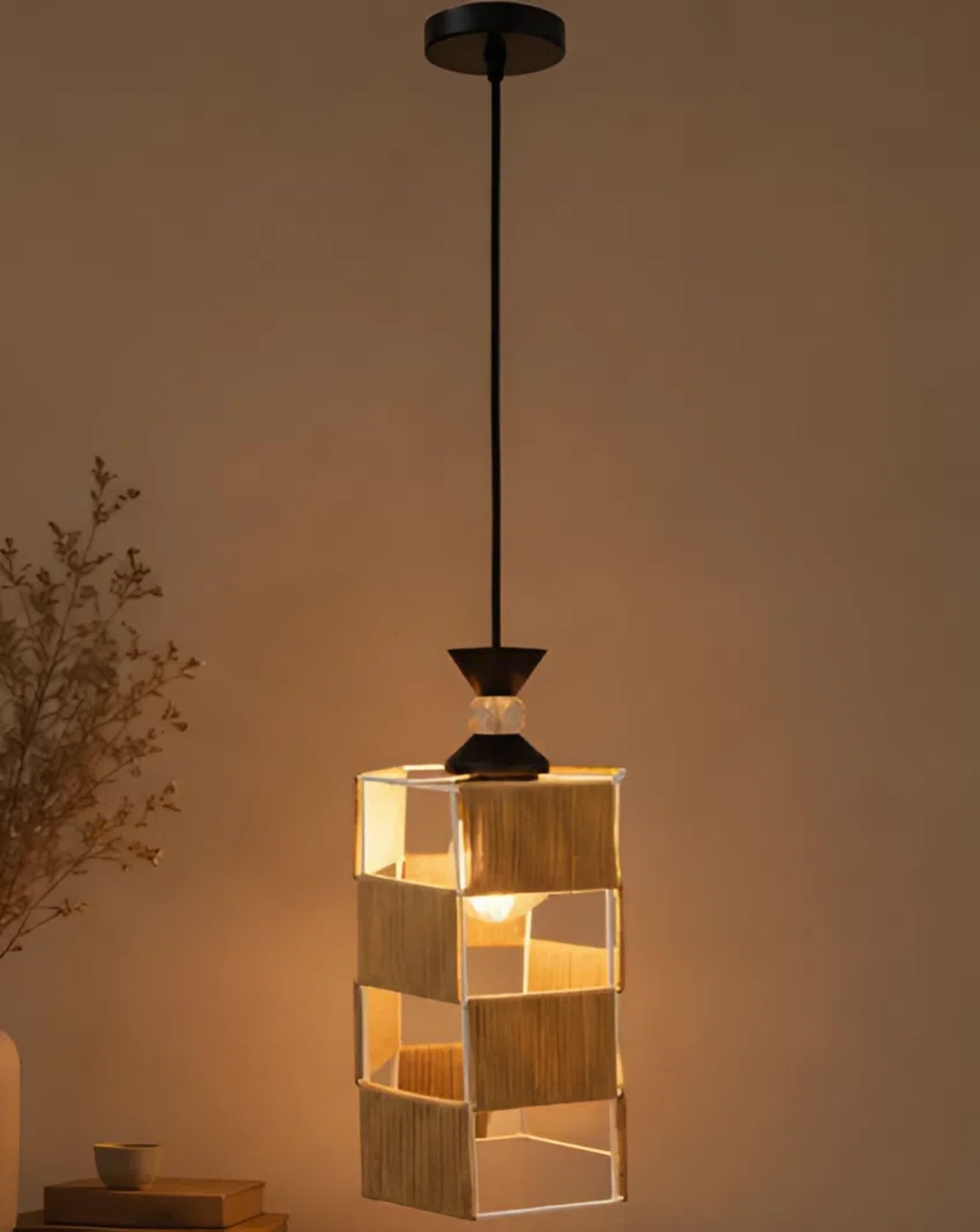 Handcrafted Woven Jute Rope Cube Shape Pendant Lamp | Hanging Lamp for Living Room| Ceiling Lamp for Bedroom, Kitchen, Restaurant/Cafe (with Bulb)-image-8