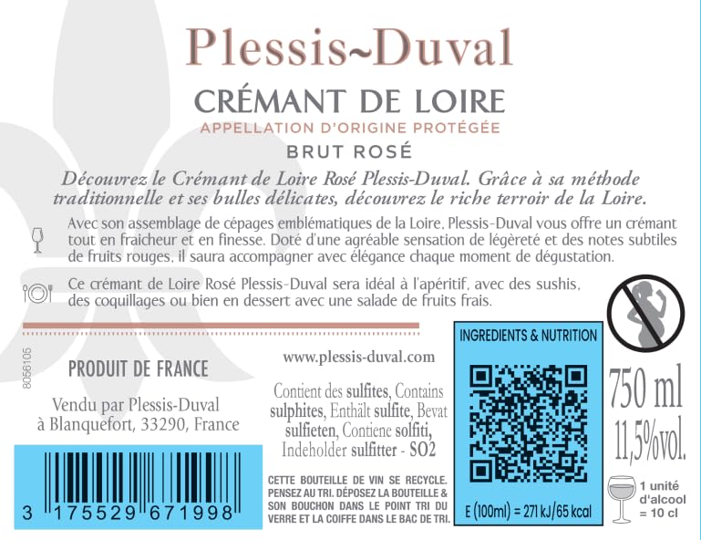 PLESSIS DUVAL - AOP Crémant de Loire - Vin Rosé Effervescent - Lot de 6 bouteilles x 75 cl