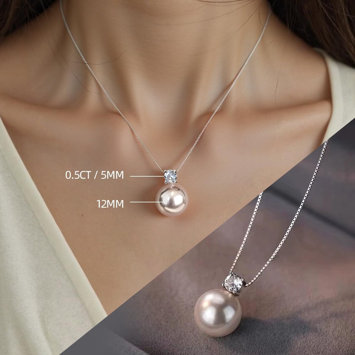 FEIKFEIZ Colgante de Moissanite con Perlas, Diamante de Laboratorio, Plata 925 Baño de Oro Blanco de 18K, Collar de Perlas de Agua Dulce, Regalo para Mujer.