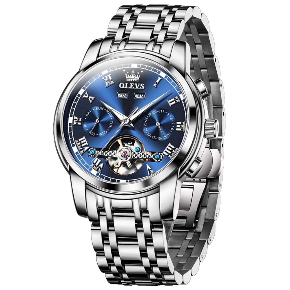 OLEVS Uhr Herren Automatik, Automatik Uhr Herren mit Mondphasenanzeige & Offenem Herzwerk, wasserdichte Herrenuhr Automatik Edelstahl, Uhren Herren für Alltag & Feierlichkeiten