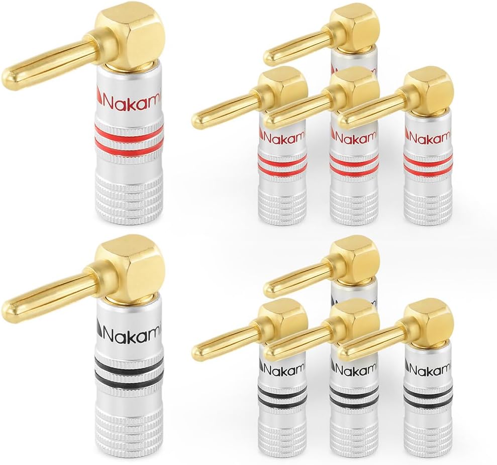 Excel Series 24k Gold Plated Banana Plug 12-18 AWG Gauge Size 4mm for Speakers Amplifier Hi-Fi AV Receiver Stereo Home Theatre Radio Audio Connector 10 Pcs (5-Pairs), Right Angle Plug