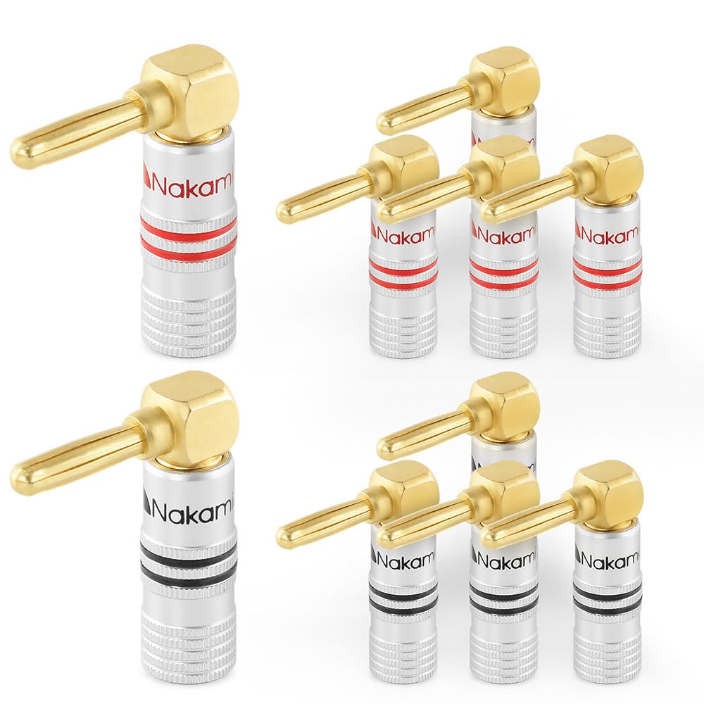 Nakamichi Excel Series 24k Gold Plated Banana Plug 12-18 AWG Gauge Size 4mm for Speakers Amplifier Hi-Fi AV Receiver Stereo Home Theatre Radio Audio Connector 10 Pcs (5-Pairs), Right Angle Plug
